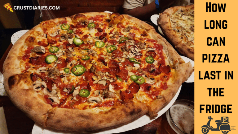 Large pepperoni, mushroom, and jalapeño pizza on a wooden table with text reading How Long Can Pizza Last in the Fridge – food storage and safety concept