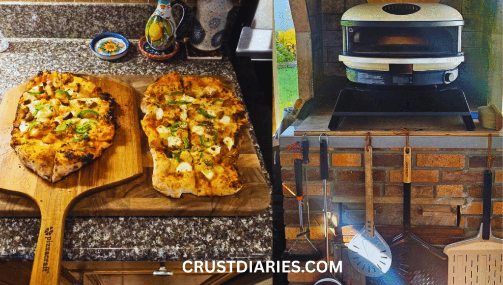 “Freshly baked homemade pizzas on wooden pizza peels alongside an outdoor pizza oven with hanging pizza tools – essential equipment for keeping pizza fresh and delicious. CRUSTDIAIREIS.COM”