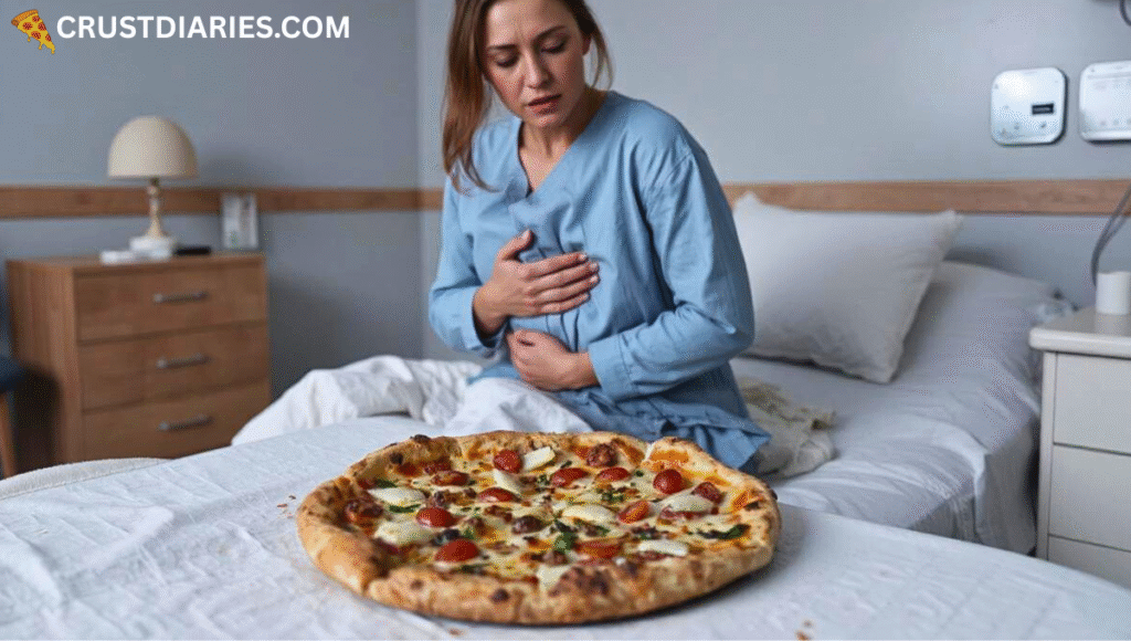 Health risks of eating spoiled pizza a woman in a hospital-like setting sitting on a bed, clutching her stomach in pain, with a large pizza placed in front of her, illustrating the possible health risks of eating spoiled or unsafe food.