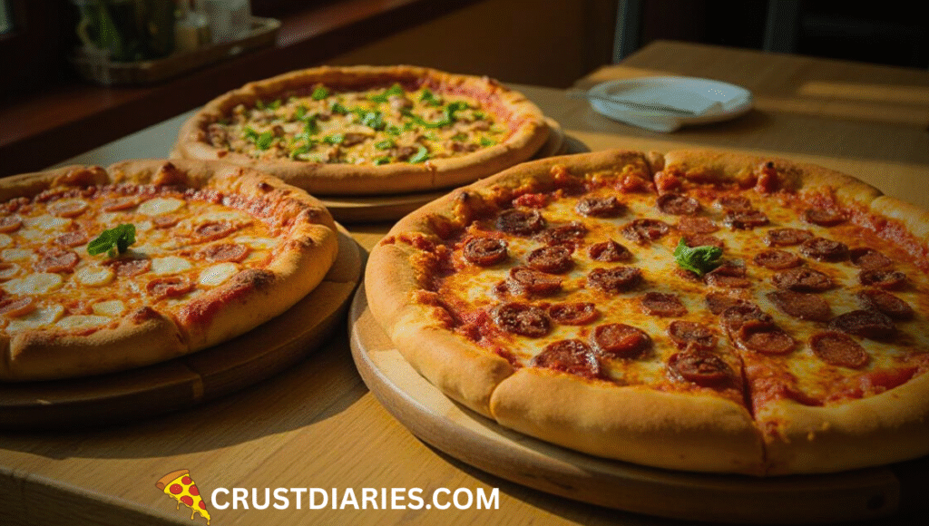 Three freshly baked pizzas on wooden trays placed on a wooden table in warm natural light. The pizzas have golden crusts and are topped with cheese, pepperoni, and vegetables. A small basil leaf garnishes each pizza, creating an inviting and appetizing scene.