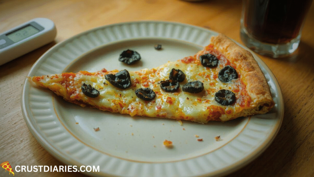 "A slice of pizza with cheese, olives, and herbs on a white plate, placed on a dark surface with a thermometer nearby, suggesting checking food temperature or freshness."