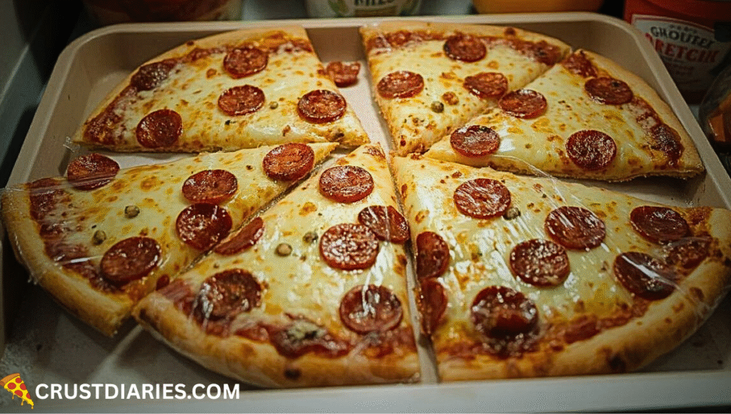 Frozen pizza slices wrapped in plastic wrap and labeled with dates, neatly stacked inside a kitchen freezer drawer, with frost on the walls and other frozen foods visible in the background.