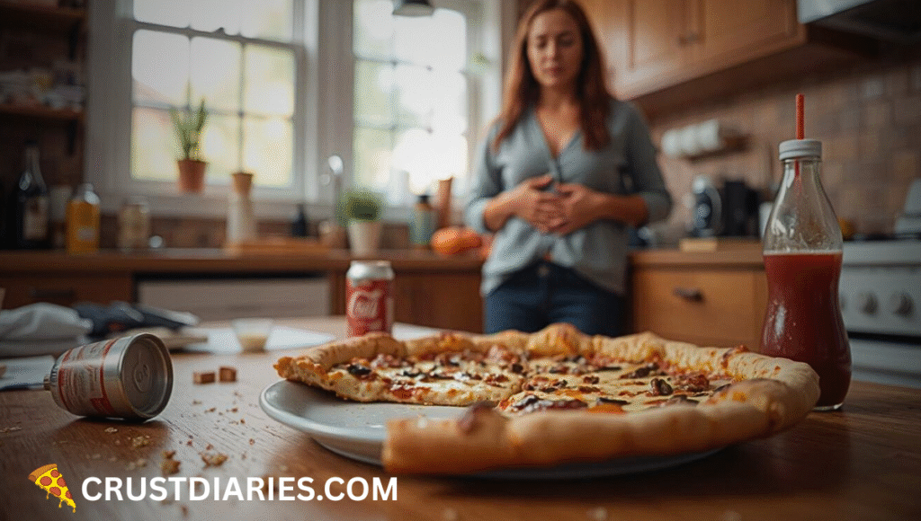 Partially eaten pizza with dried cheese and wilted toppings on a plate on a cluttered wooden kitchen counter, with crumbs, an open soda can, and a ketchup bottle nearby, while a blurred person in the background holds their stomach in discomfort.