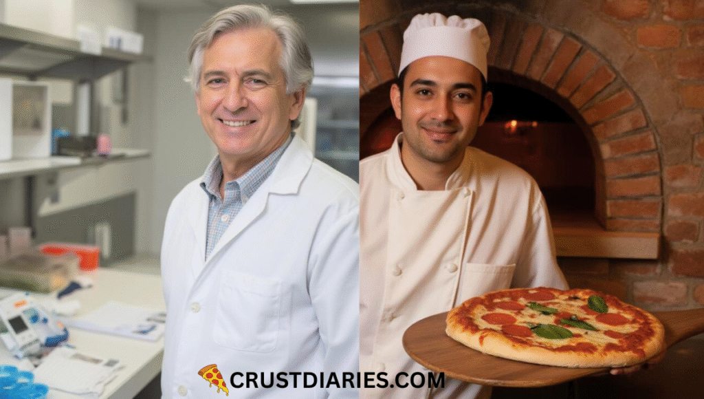 “Illustration of a food safety scientist in a lab coat beside a professional pizza chef holding a Margherita pizza in front of a wood-fired oven, representing expert contributors to the article.”