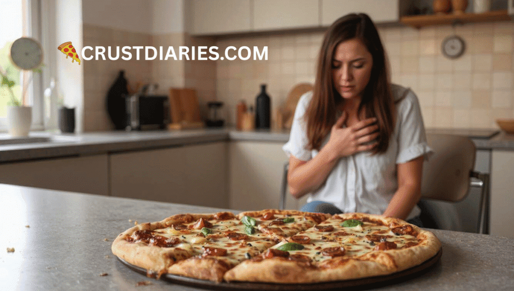 "Spoiled slice of pizza with slimy cheese and discolored toppings on a messy kitchen counter, with a woman in the background holding her stomach in pain, illustrating food poisoning risk from improperly stored pizza."