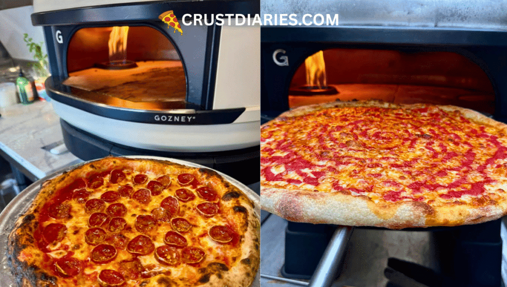 Two different styles of pizza being baked in a Gozney pizza oven—on the left, a pepperoni pizza with a charred crust; on the right, a cheese pizza with a swirl of tomato sauce—highlighting expert techniques in pizza reheating and preparation.