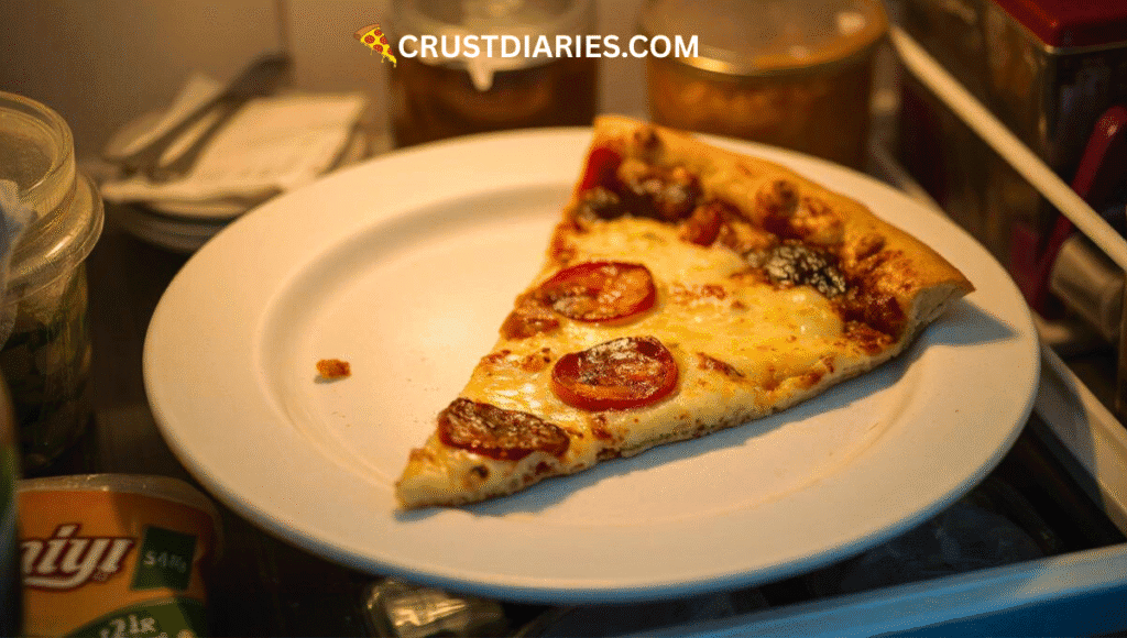 Close-up of a leftover slice of pizza with discolored cheese and wilted toppings on a plate, showing visual signs that pizza has spoiled and is no longer safe to eat.