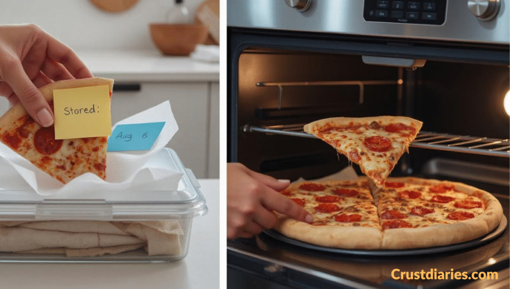 Leftover pizza being stored in an airtight container in the fridge and reheated in an oven on a tray.