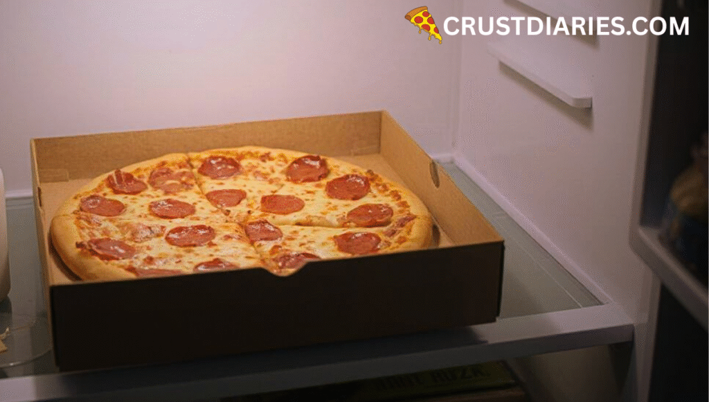 Leftover pizza stored in an open pizza box on a fridge shelf with a label showing storage date.