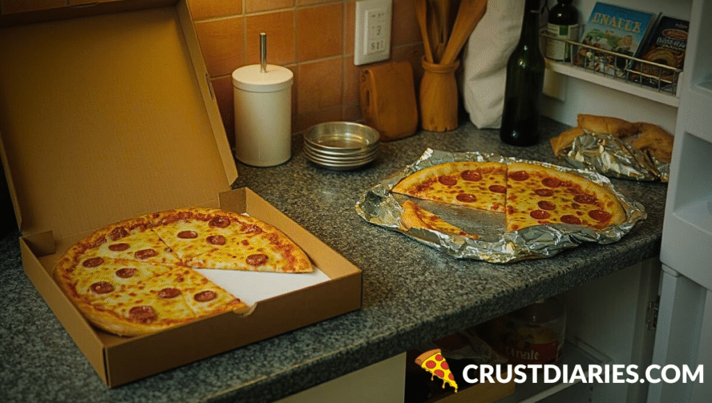 Improperly stored pizza slices on counter and fridge shelf, showing common food safety mistakes like leaving it out or not sealing properly.