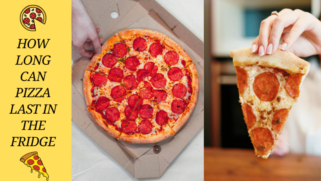 Leftover pepperoni pizza in a box and a slice being held, with text asking how long pizza can last in the fridge