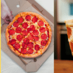 Leftover pepperoni pizza in a box and a slice being held, with text asking how long pizza can last in the fridge