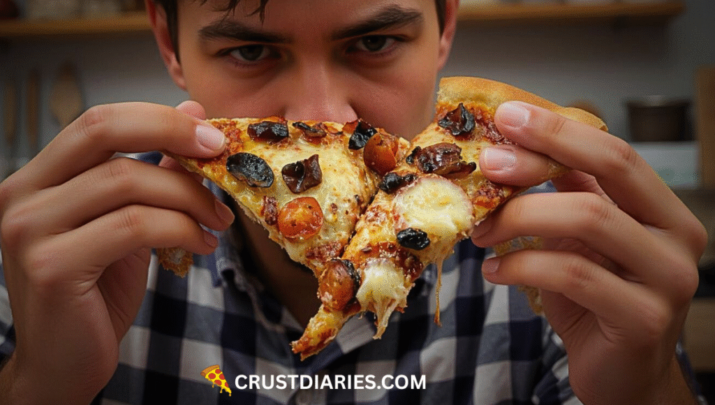 A real-life kitchen scene showing a person holding a slice of leftover pizza close to their face, sniffing it with a thoughtful expression. The pizza has visible signs of spoilage: slight mold spots, dried-out cheese, and discolored toppings. Realistic lighting, high detail, photo-realistic style