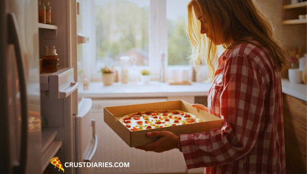 A young woman in pajamas takes a box of leftover pizza from the fridge in the morning, showing the cultural love for cold pizza.