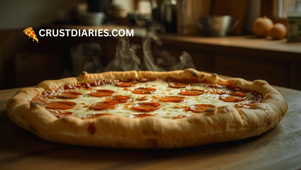 "A freshly baked pepperoni pizza with steam rising, placed on a wooden table in a cozy kitchen."