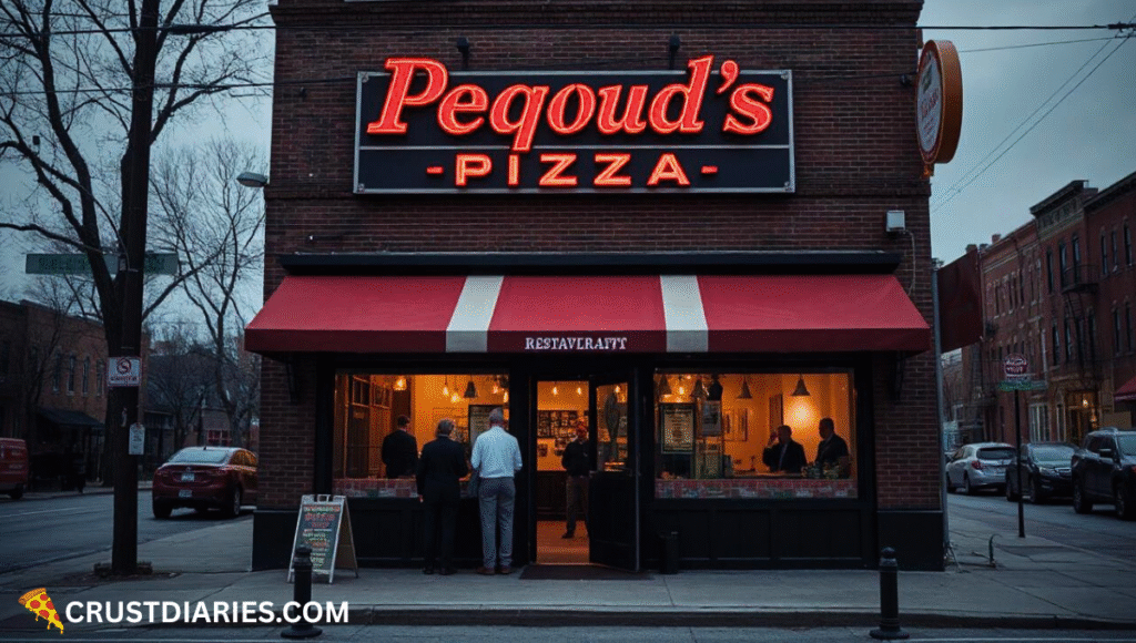 Street view of Pequod’s Pizza in Chicago, IL, with its name clearly visible on the sign above the entrance, classic brick building exterior, customers entering, and warm ambient lighting glowing from inside under an overcast afternoon sky.