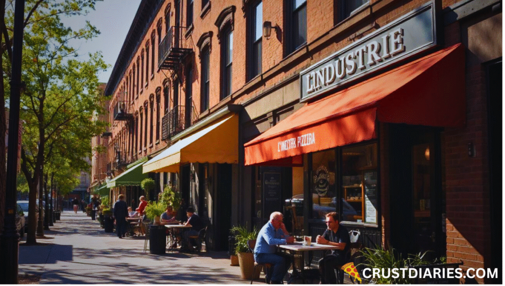 Exterior of L’Industrie Pizzeria in Brooklyn, NY, showing the storefront with its name clearly displayed, outdoor tables with people eating pizza, and surrounding brownstone buildings in warm daylight