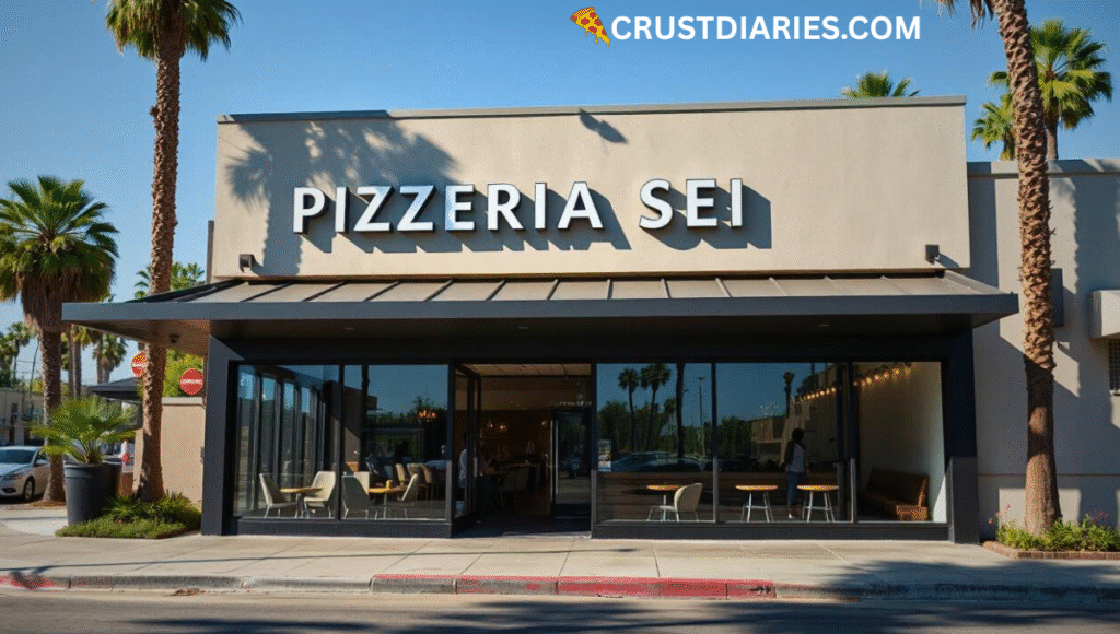 Exterior of Pizzeria Sei in Los Angeles, CA, with its name clearly visible on the front sign, modern glass-front design, palm trees and blue sky in the background, and people entering while others sit inside on a sunny afternoon.