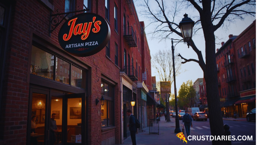 Street view of Jay’s Artisan Pizza in Buffalo, NY, with its name clearly visible on the storefront sign, brick building exterior in a cozy neighborhood, warm light glowing from inside, and a couple of people entering on a calm afternoon.