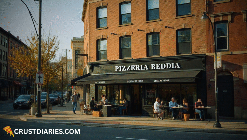 Street view of Pizzeria Beddia in Philadelphia, PA, with its name clearly visible on the storefront sign, modern minimalist exterior, customers dining at outdoor tables, and warm evening sunlight casting long shadows on the urban street.