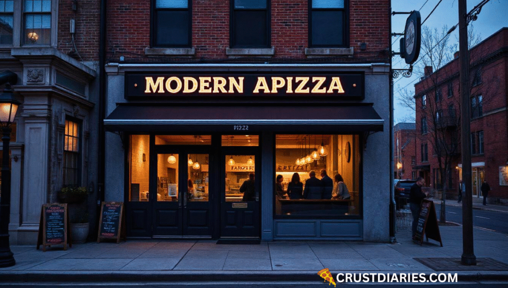 Street view of Modern Apizza in New Haven, CT, with its name clearly displayed on the sign above the entrance, classic brick exterior, vintage-style signage, customers entering, and warm light glowing from inside during early evening.
