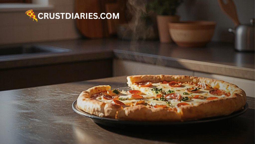 Leftover pizza sitting uncovered on a kitchen countertop at room temperature, showing slices slightly separated.