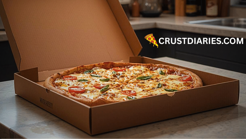 Pizza left inside a cardboard box on a kitchen countertop, showing slight moisture on the box and slices of pizza inside.