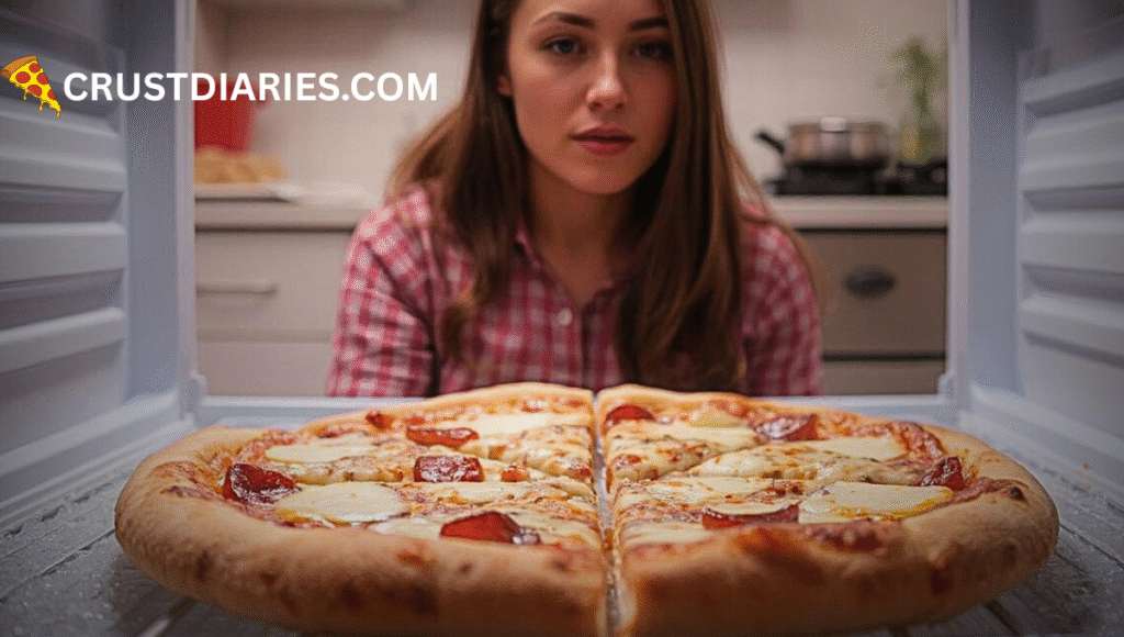 "Improperly stored pizza in a freezer with ice crystals on the cheese and no proper wrapping, while a young woman in the blurred background looks at it."