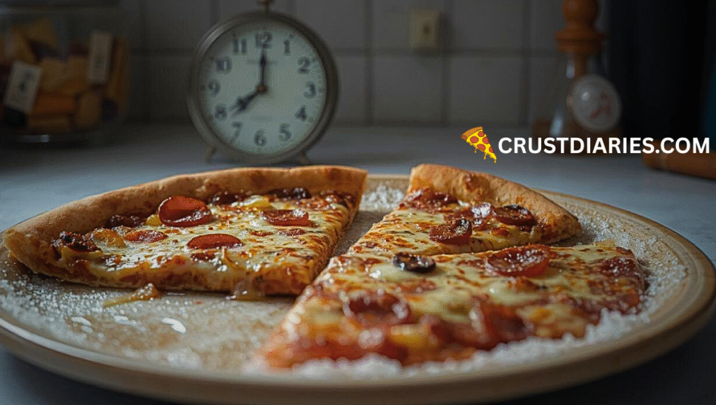 "Frozen pizza slices thawing on a plate at room temperature with condensation on top and a clock in the background."