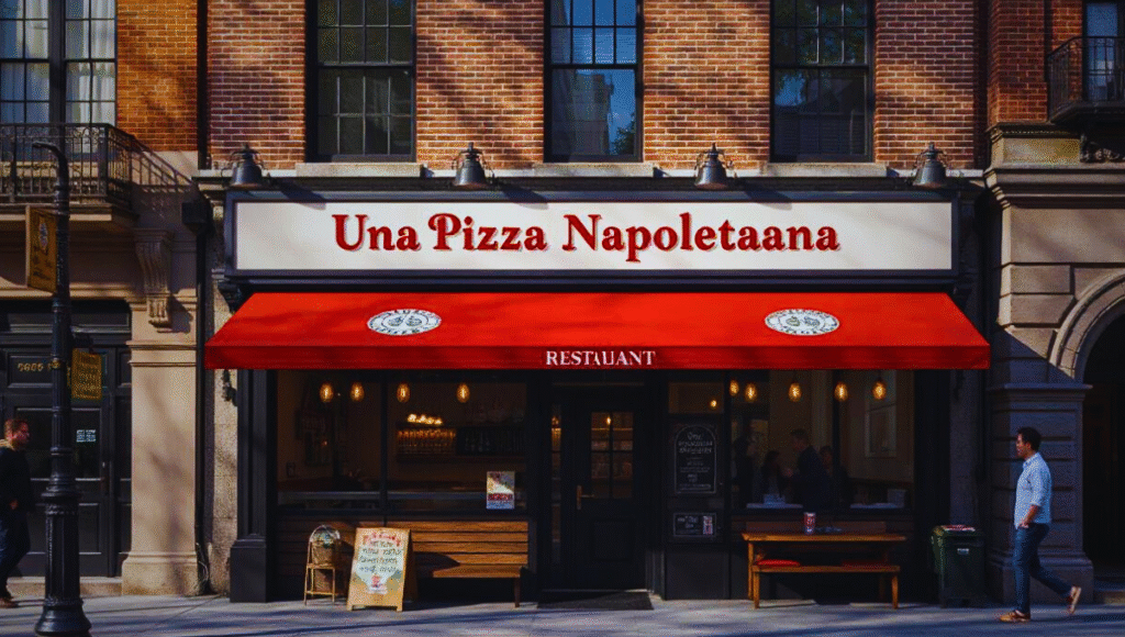 Exterior view of Una Pizza Napoletana restaurant in New York City, with its name clearly displayed on the sign above the entrance, warm evening street atmosphere, and pedestrians passing by.