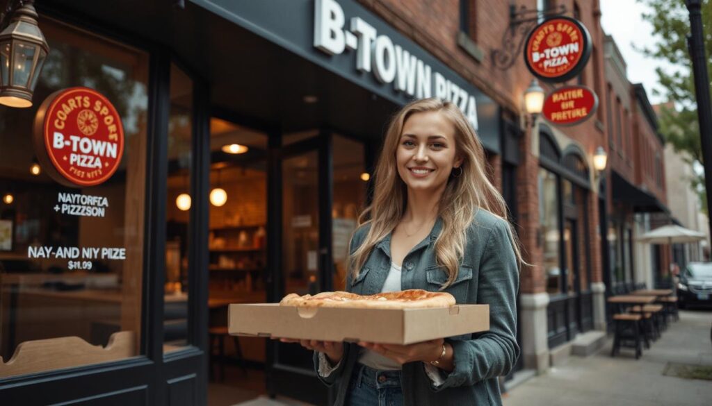 tylish pretty woman holding a pizza box outside B-Town Pizza in Toronto, Ontario, with the shop name visible in the background, highlighting a popular Toronto pizza spot with an urban city backdrop