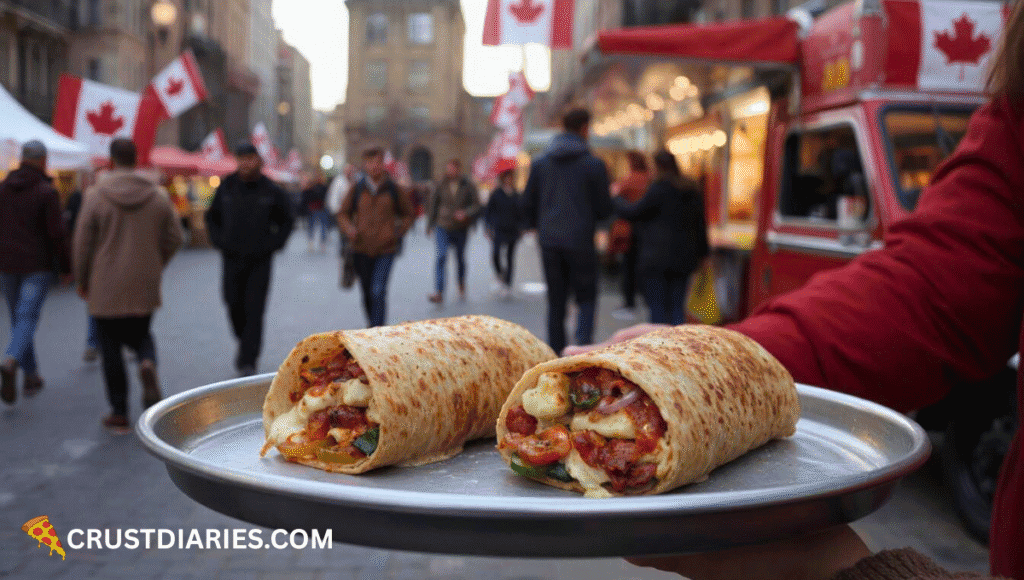 "Two grilled pizza frankies filled with melted cheese, paneer, bell peppers, and tomato sauce on a serving tray at a Canadian food truck festival, with maple leaf flags and people wearing warm clothes in the blurred background."