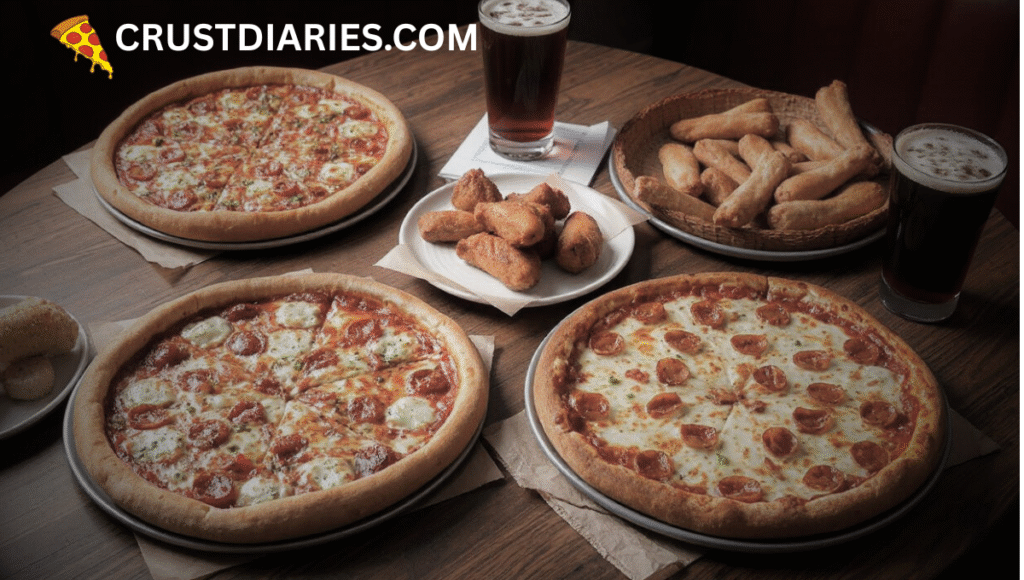 A realistic table setup at Pizza King restaurant showing open menu, slices of pizza, garlic bread, chicken wings, and soft drink, with cozy interior in background.