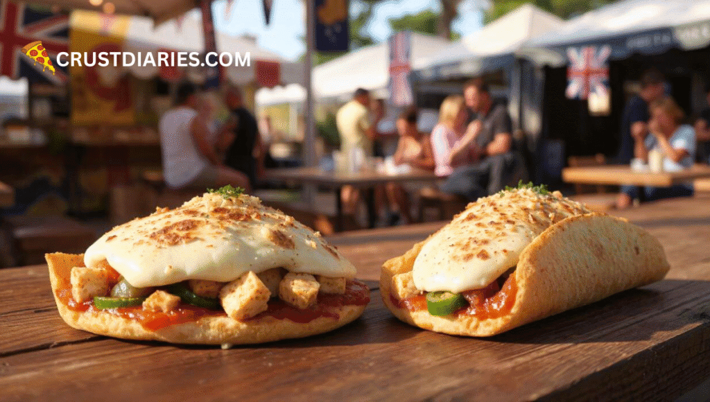 "Two grilled pizza frankies filled with melted cheese, paneer, and vegetables, served on a wooden table at an Australian street food market with blurred background of people and food stalls."