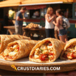 "Freshly made pizza frankies filled with melted cheese, paneer, bell peppers, and tomato sauce served at vibrant street food markets in Australia and Canada with people and local flags in the background."