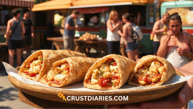 "Freshly made pizza frankies filled with melted cheese, paneer, bell peppers, and tomato sauce served at vibrant street food markets in Australia and Canada with people and local flags in the background."