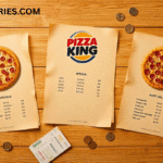 “Pizza King menu with worldwide specials, pepperoni pizzas on paper menus, UK flag coffee cup, coins and tickets on a wooden table”