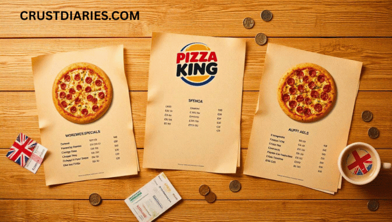 “Pizza King menu with worldwide specials, pepperoni pizzas on paper menus, UK flag coffee cup, coins and tickets on a wooden table”